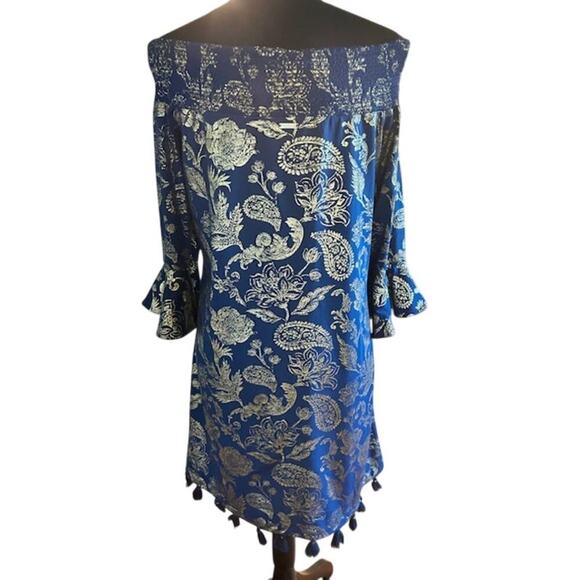 Cabana Life Blue & Gold Off-Shoulder Tassel Dress - Size Large - Picture 4 of 7